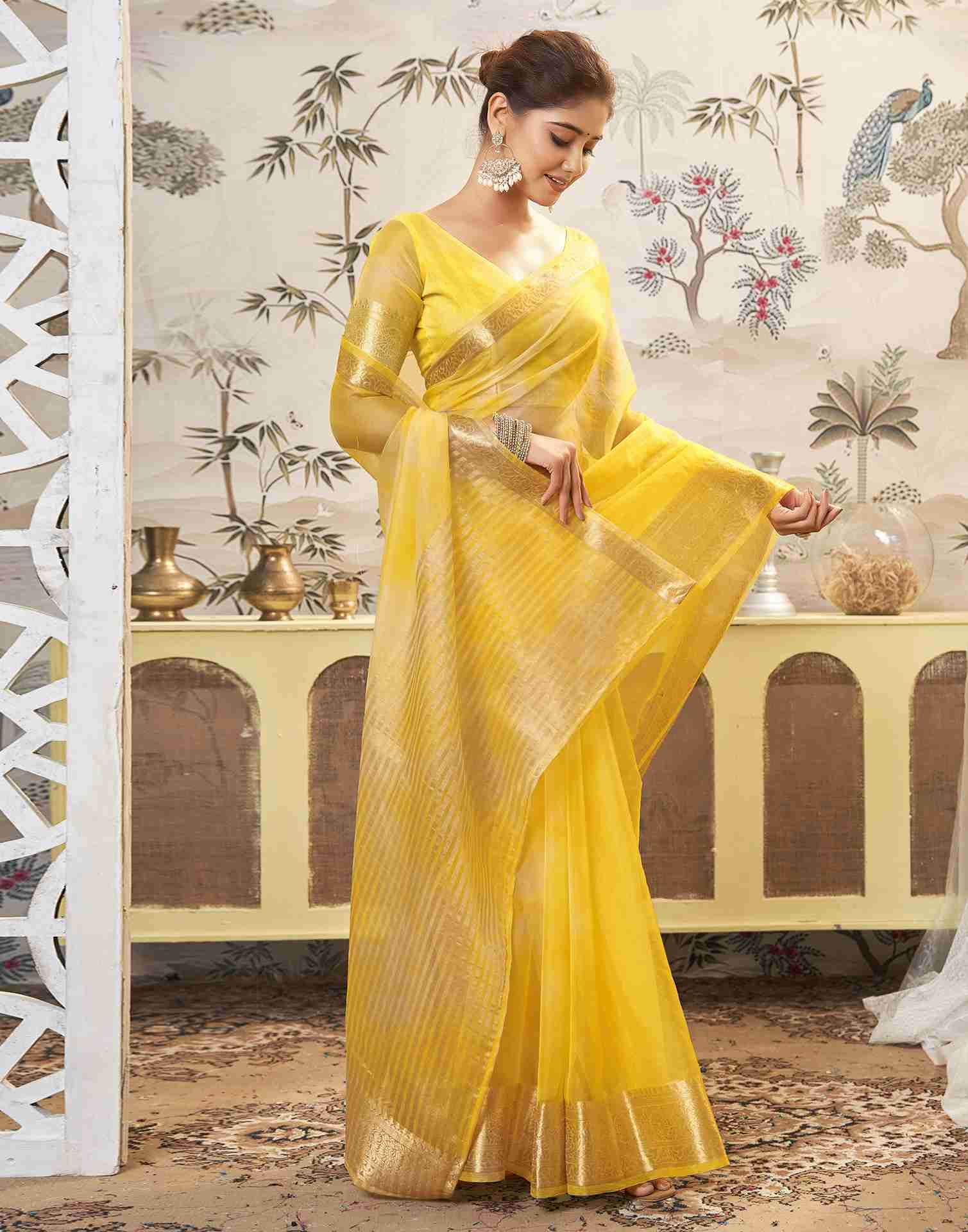 Yellow Organza Printed Woven Saree