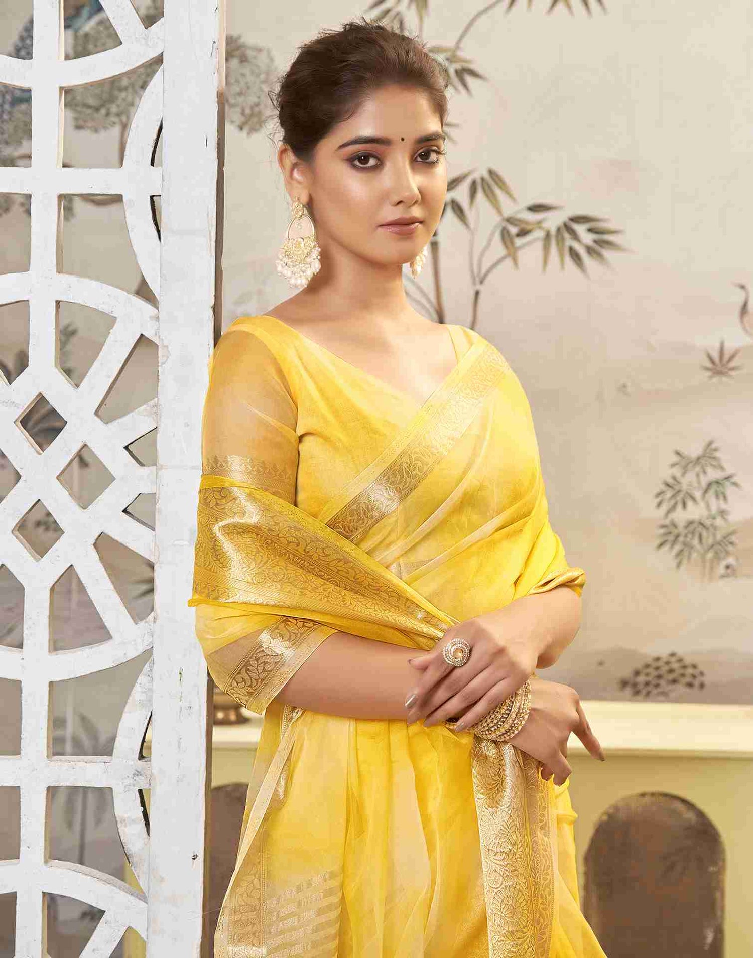 Yellow Organza Printed Woven Saree