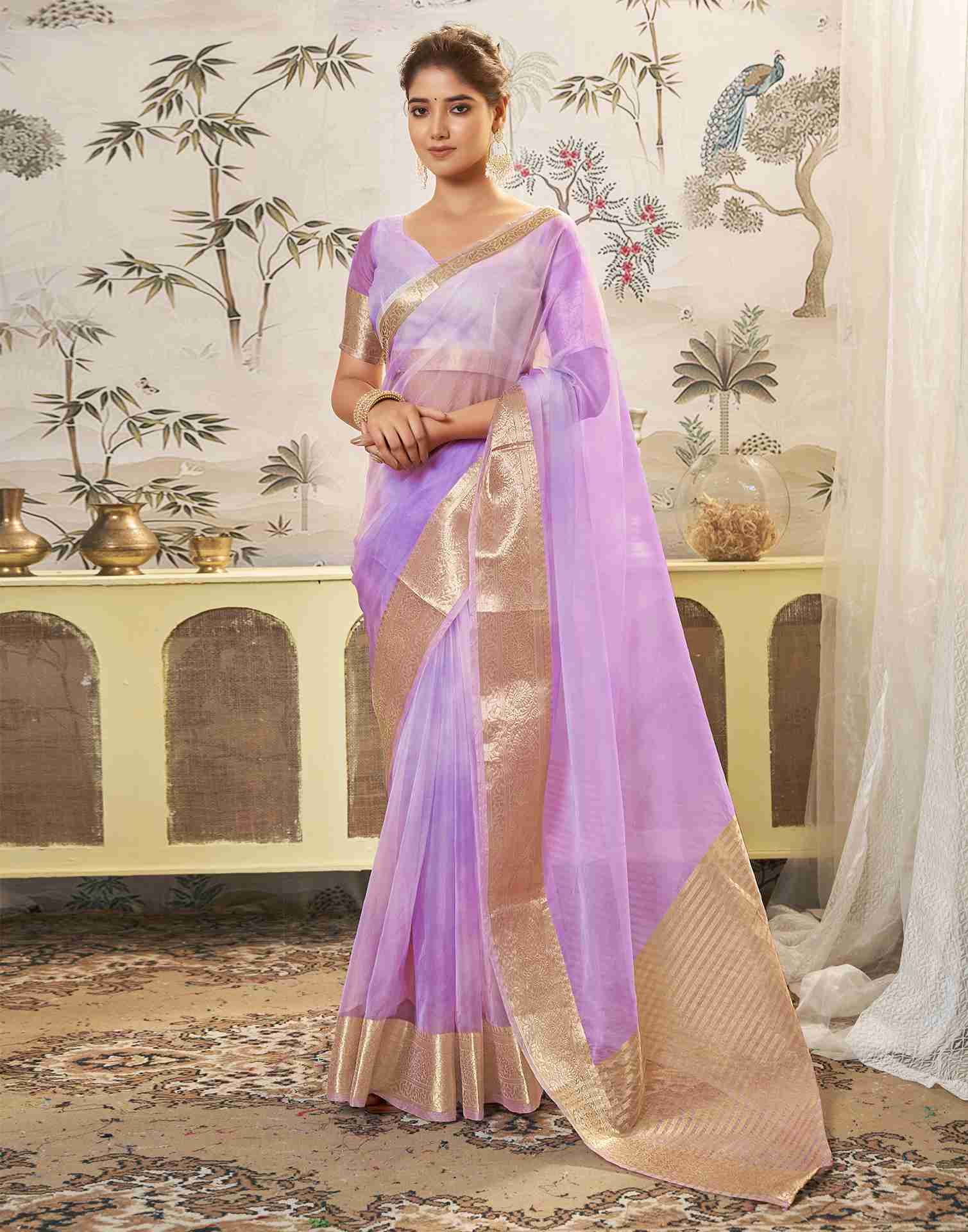 Light Purple Organza Printed Woven Saree