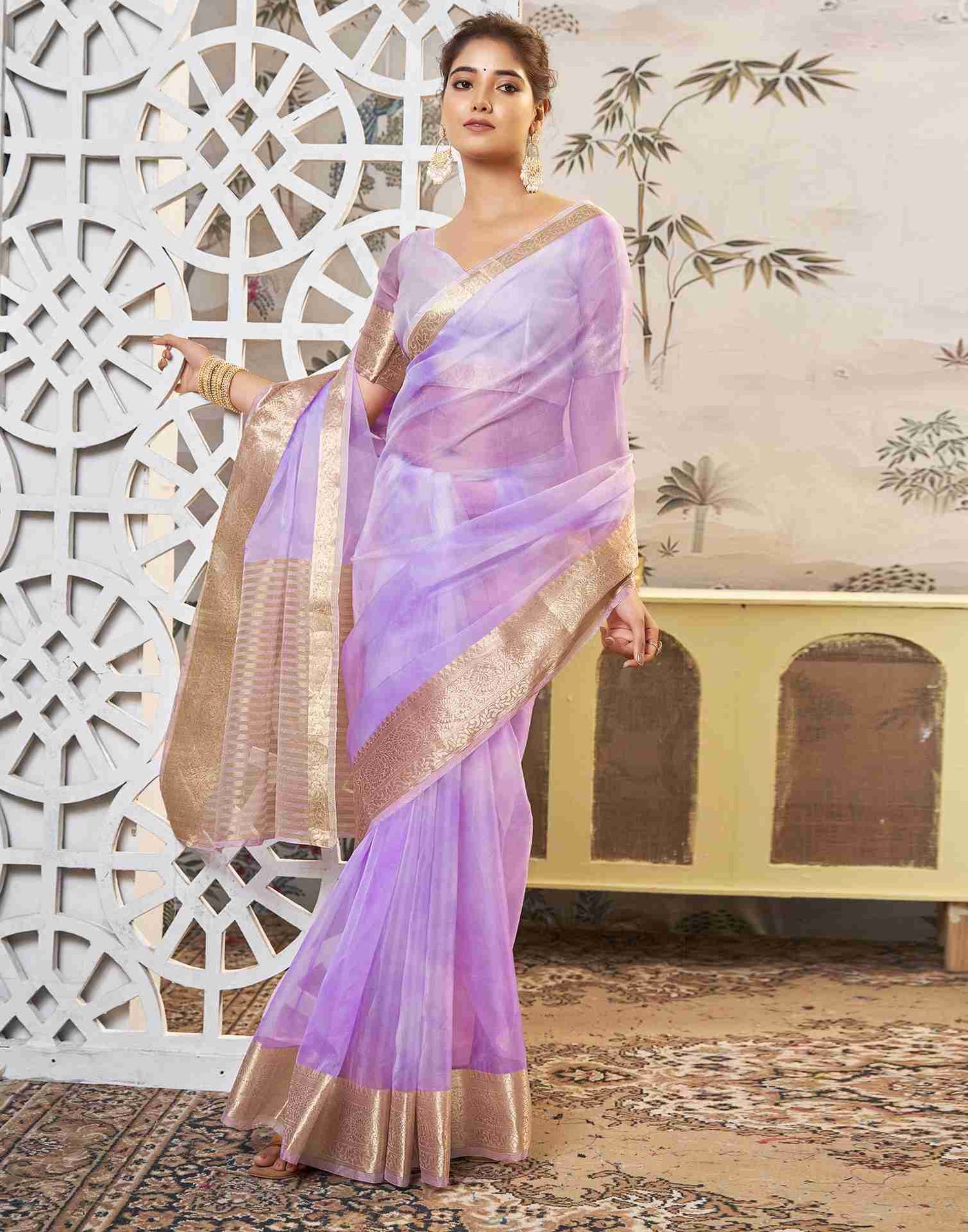 Light Purple Organza Printed Woven Saree