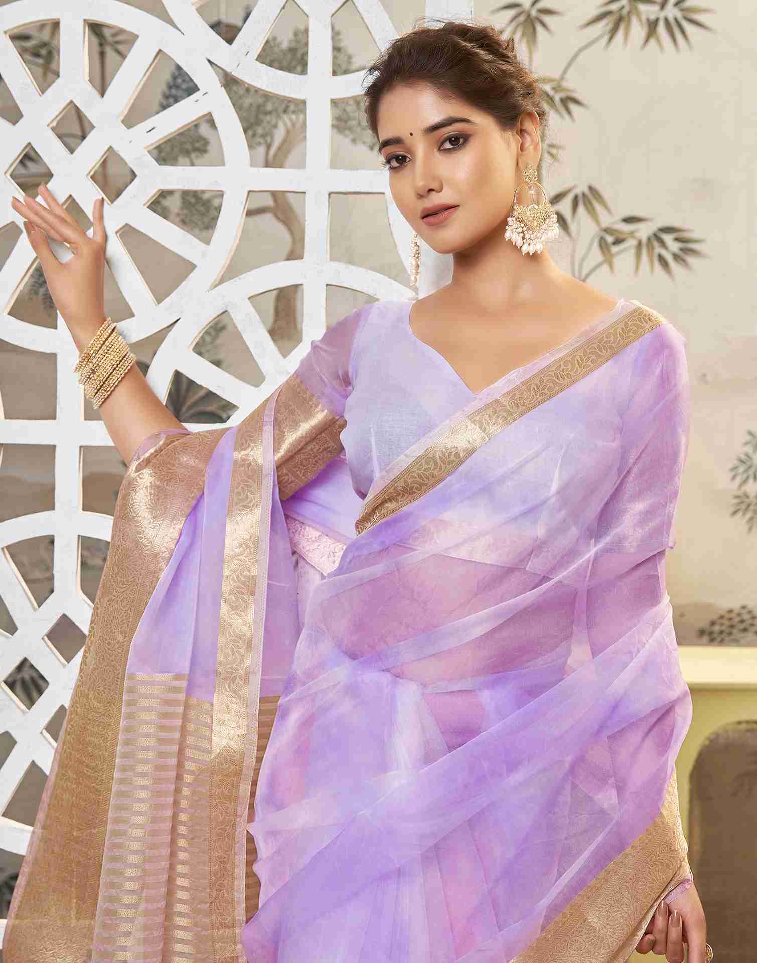 Light Purple Organza Printed Woven Saree