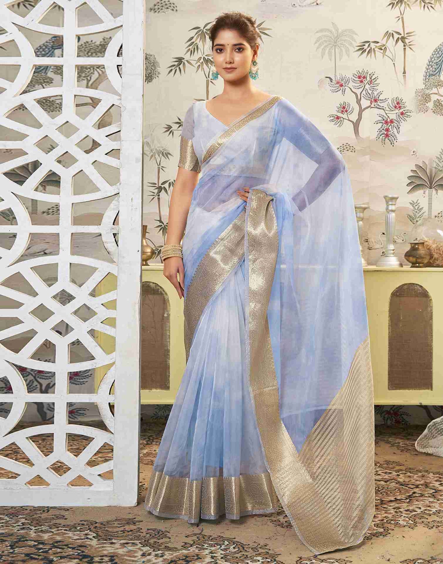 Blue Organza Printed Woven Saree