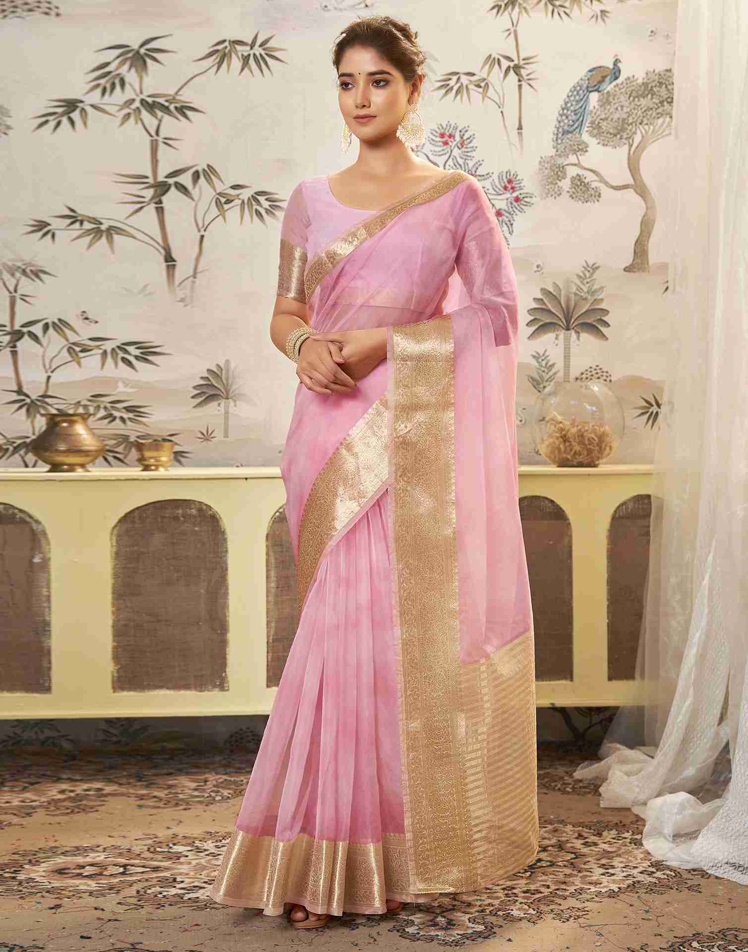 Light Pink Organza Printed Woven Saree