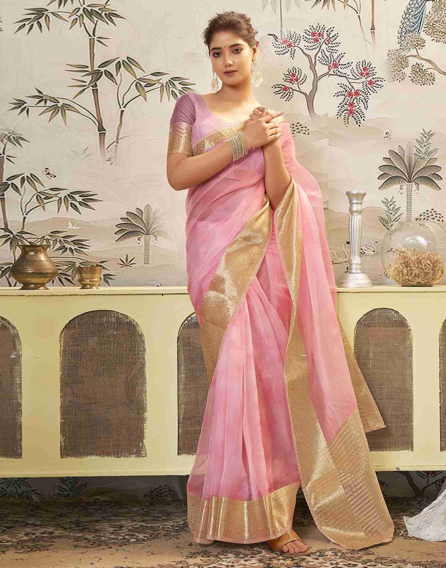 Light Pink Organza Printed Woven Saree