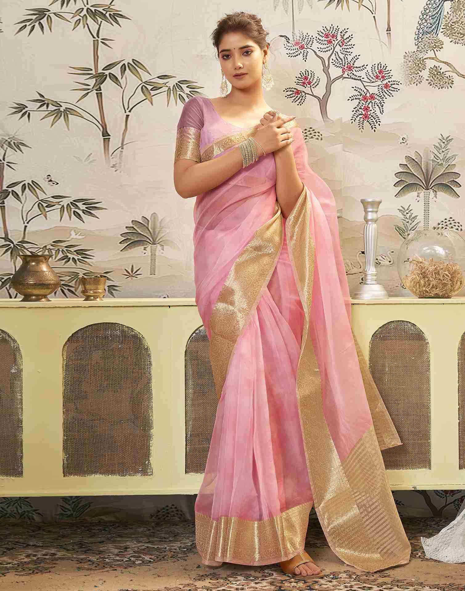 Light Pink Organza Printed Woven Saree