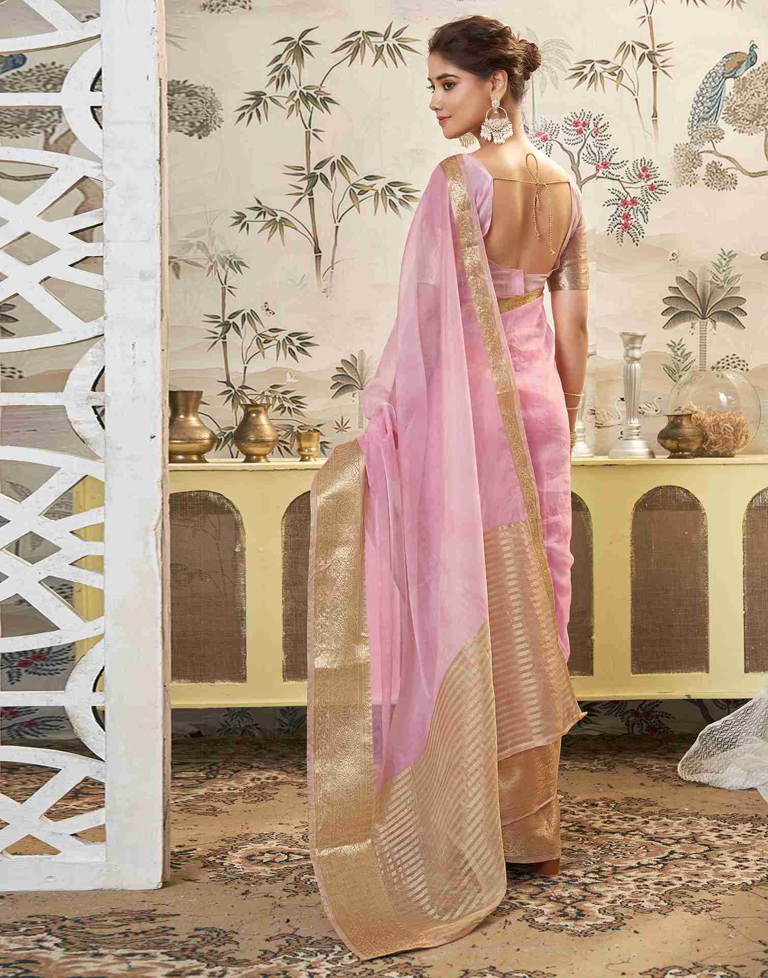 Light Pink Organza Printed Woven Saree