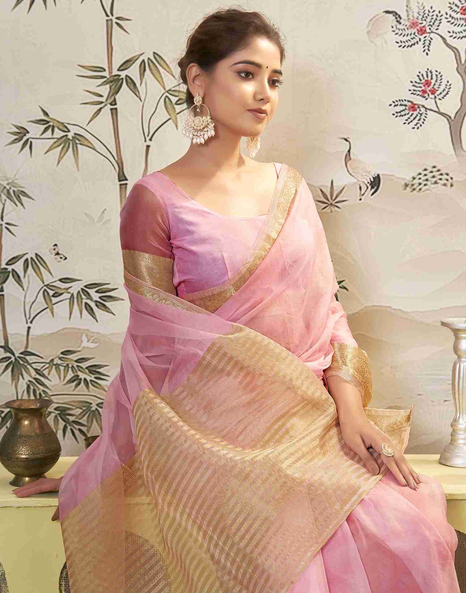 Light Pink Organza Printed Woven Saree