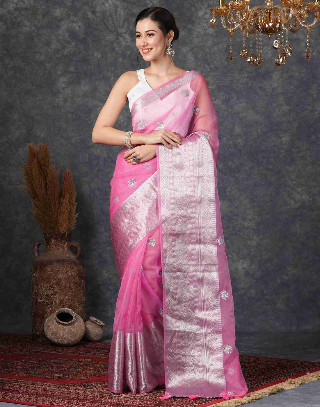 Pink Organza Plain Woven Saree