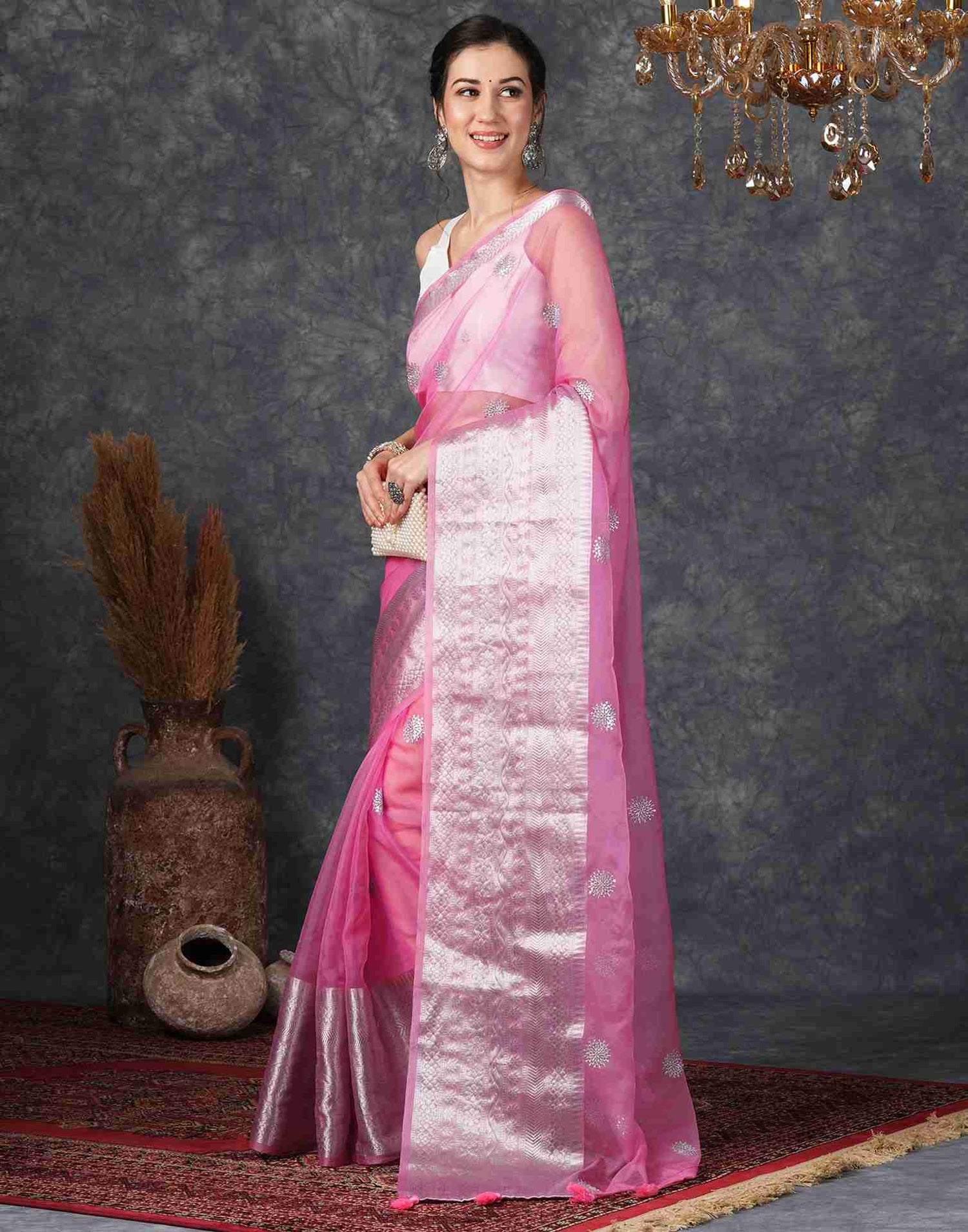 Pink Organza Plain Woven Saree