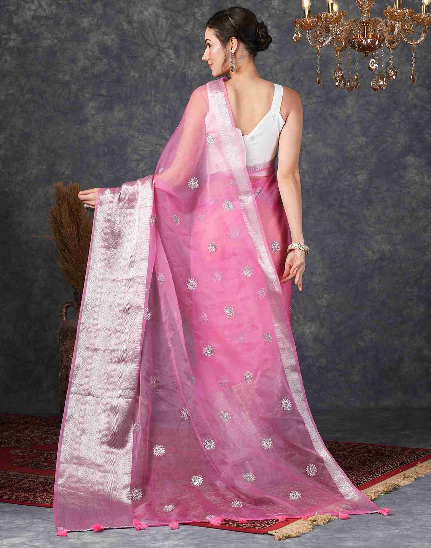 Pink Organza Plain Woven Saree