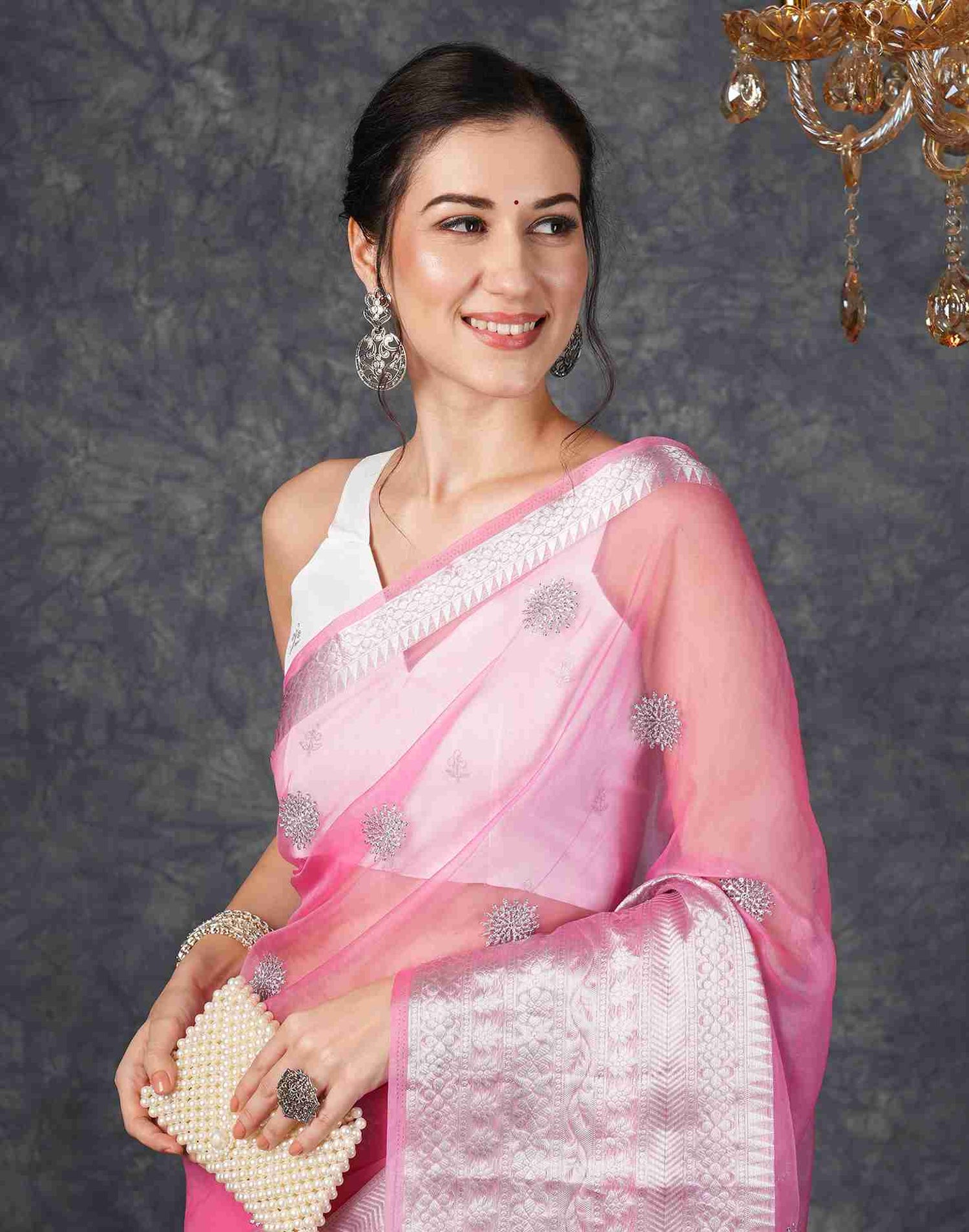 Pink Organza Plain Woven Saree