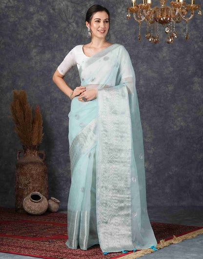 Light Blue Organza Plain Woven Saree