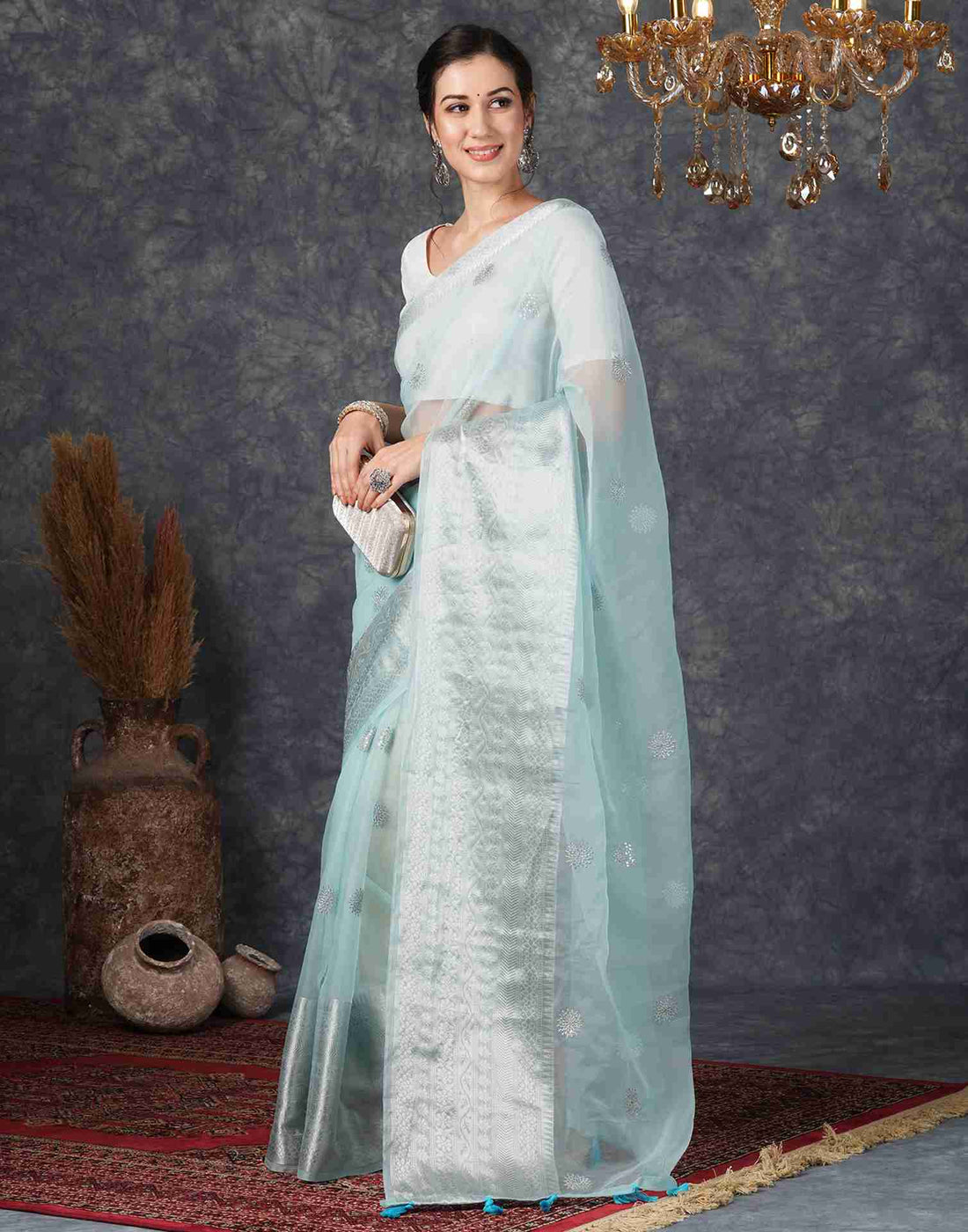 Light Blue Organza Plain Woven Saree