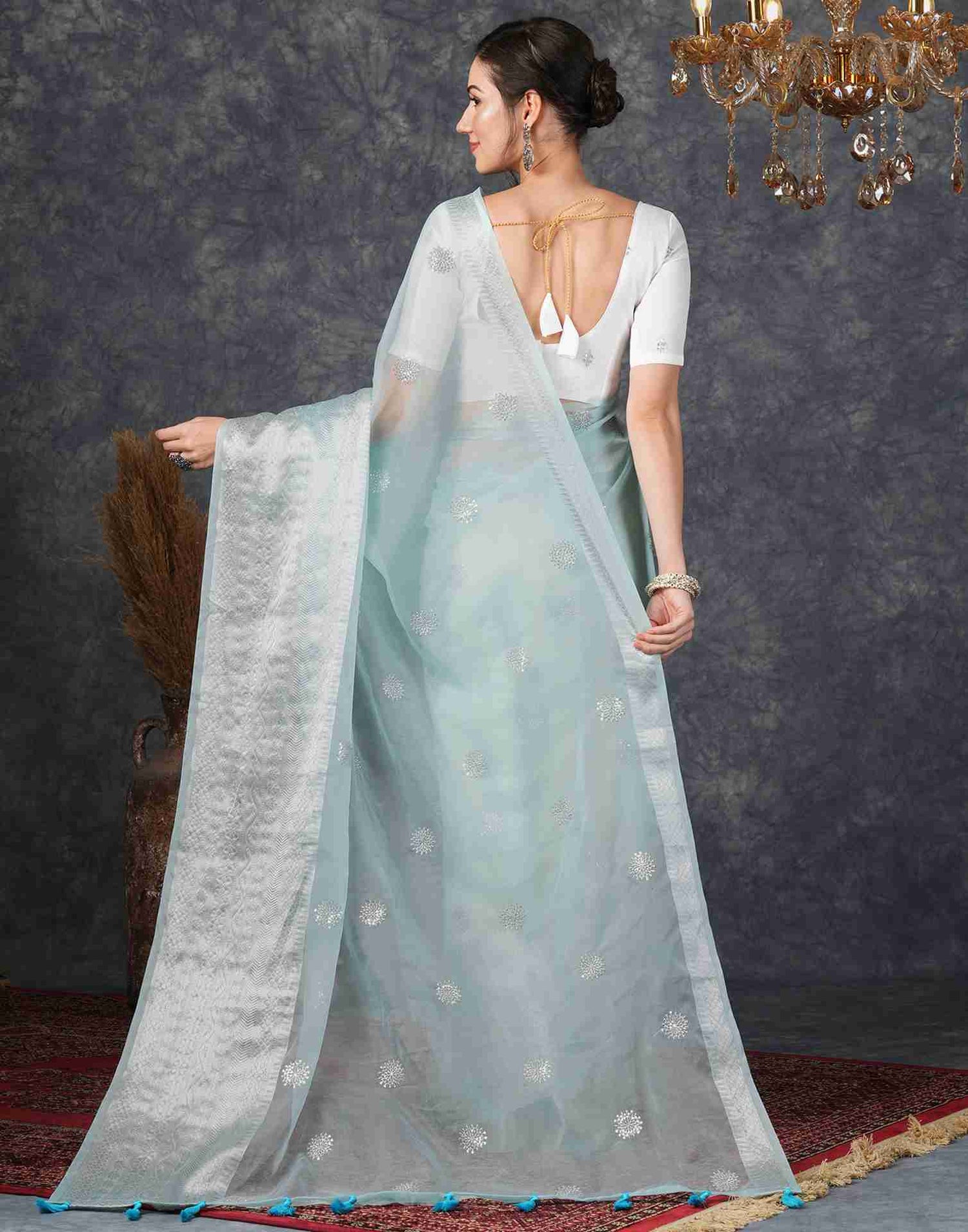 Light Blue Organza Plain Woven Saree