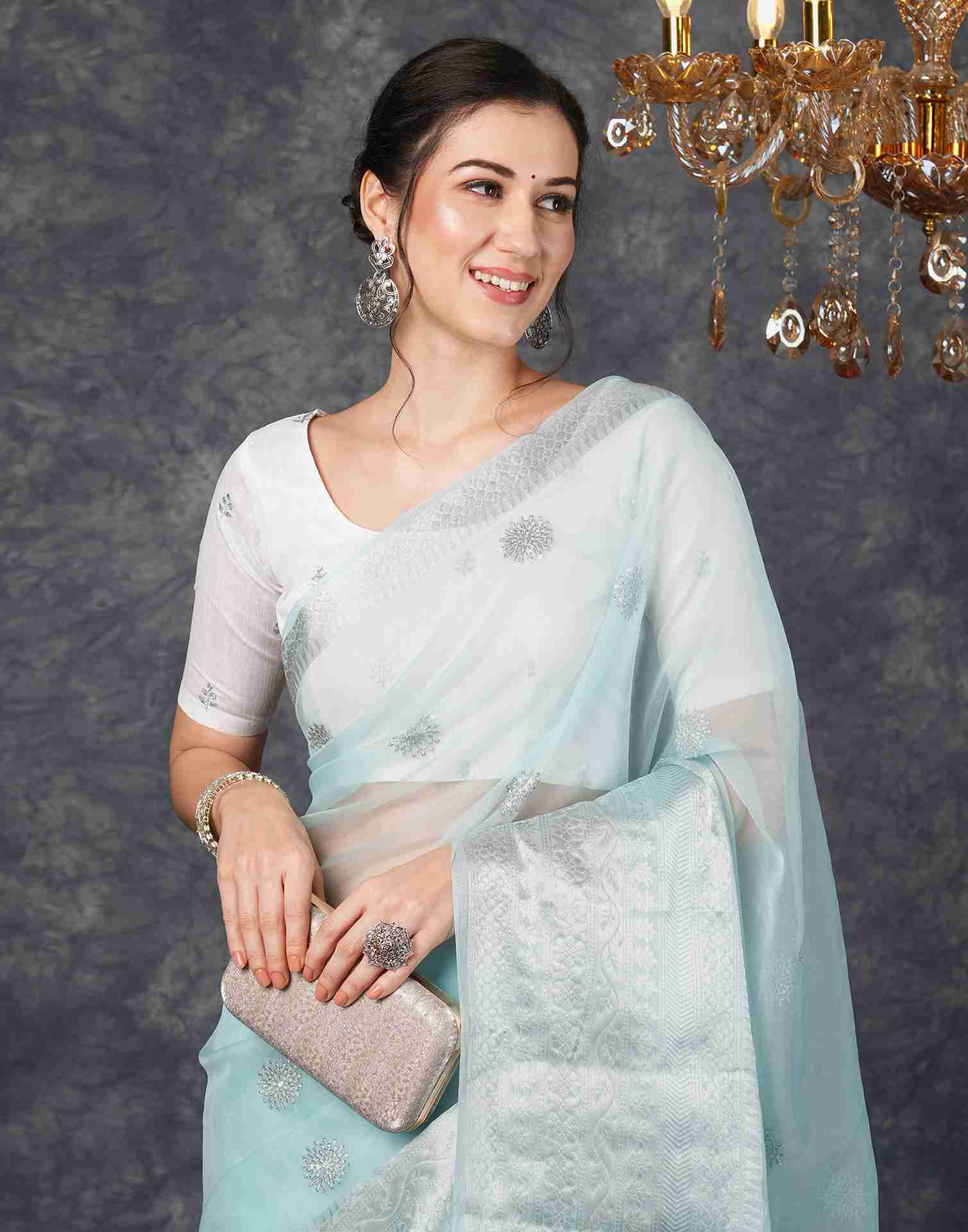 Light Blue Organza Plain Woven Saree