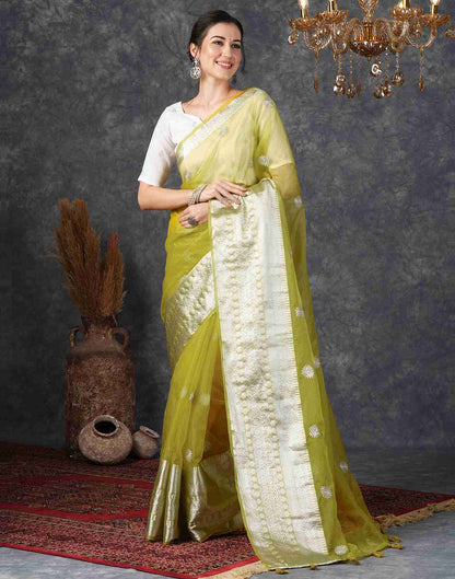 Lime Green Organza Plain Woven Saree