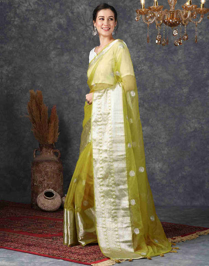 Lime Green Organza Plain Woven Saree