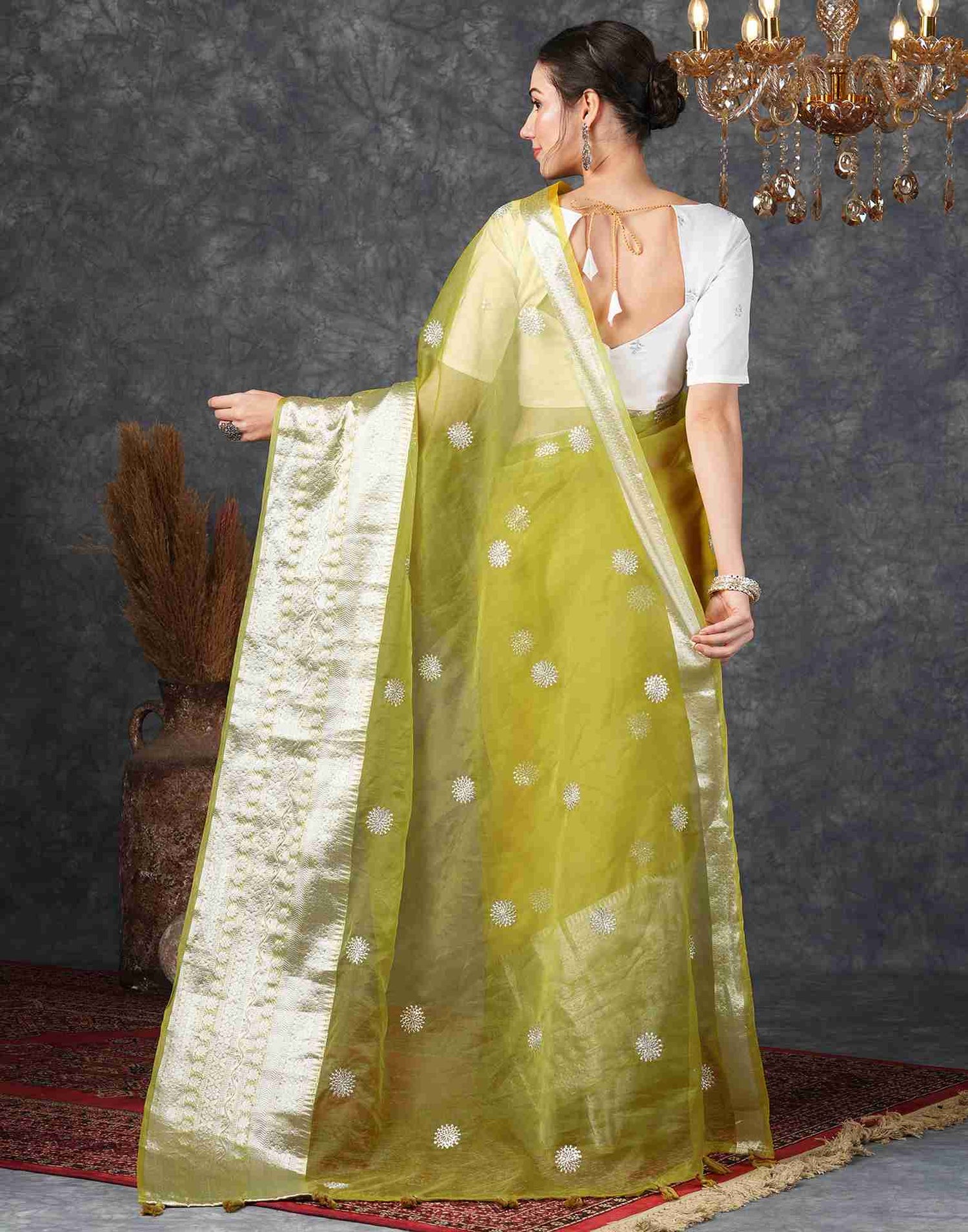 Lime Green Organza Plain Woven Saree