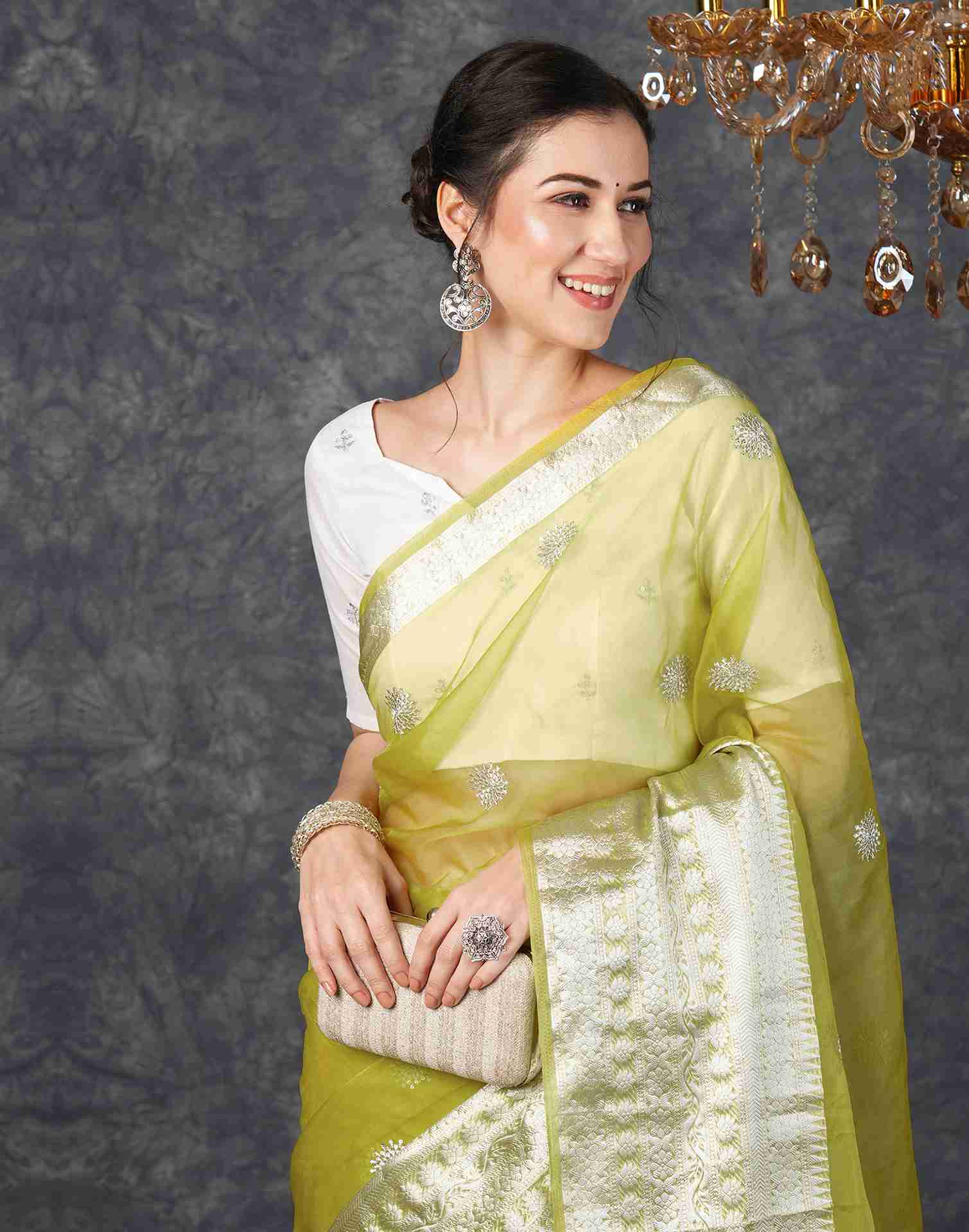 Lime Green Organza Plain Woven Saree