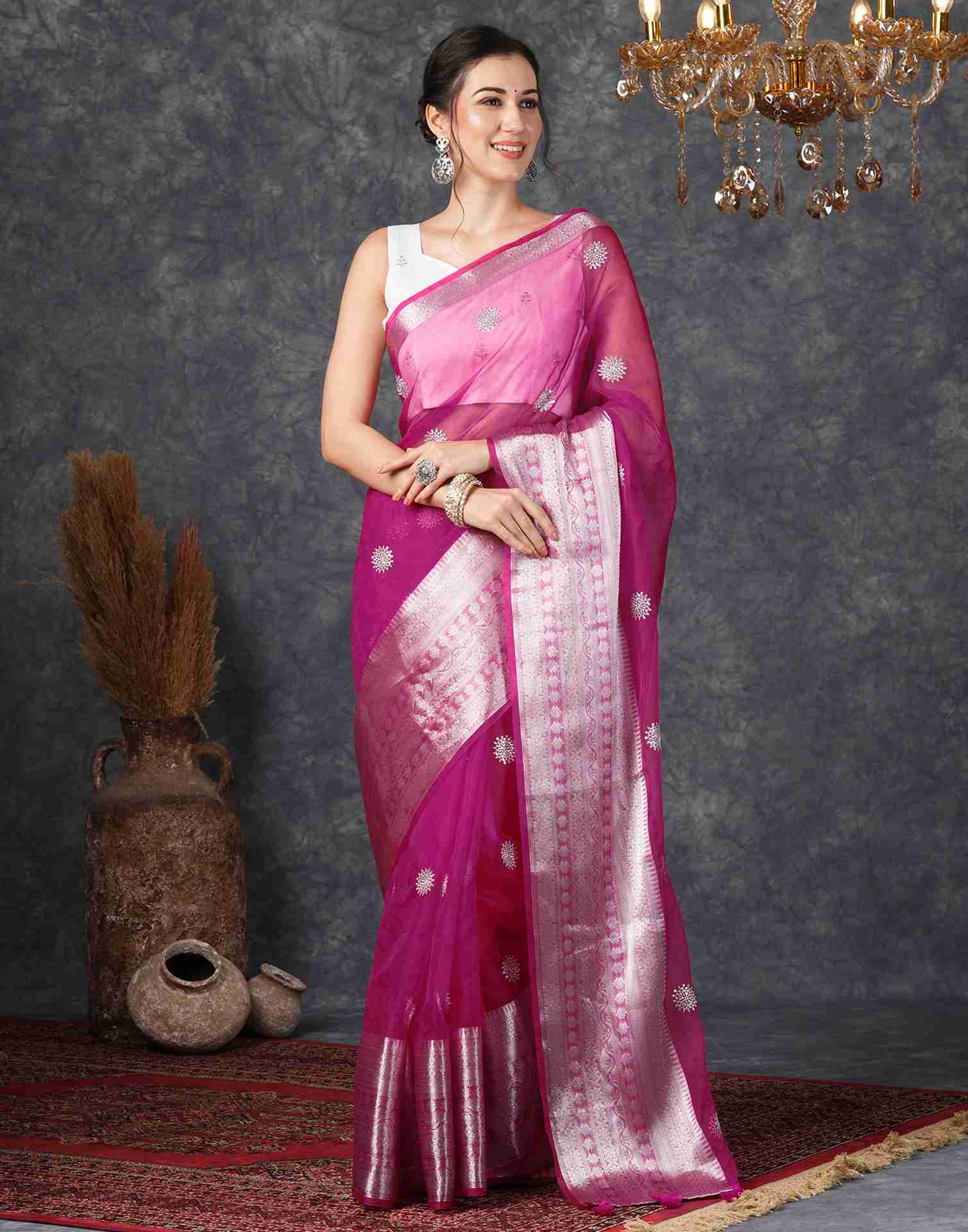 Magenta Organza Plain Woven Saree