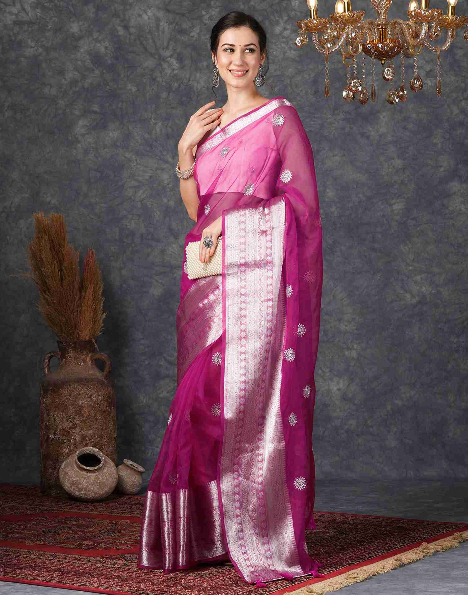 Magenta Organza Plain Woven Saree