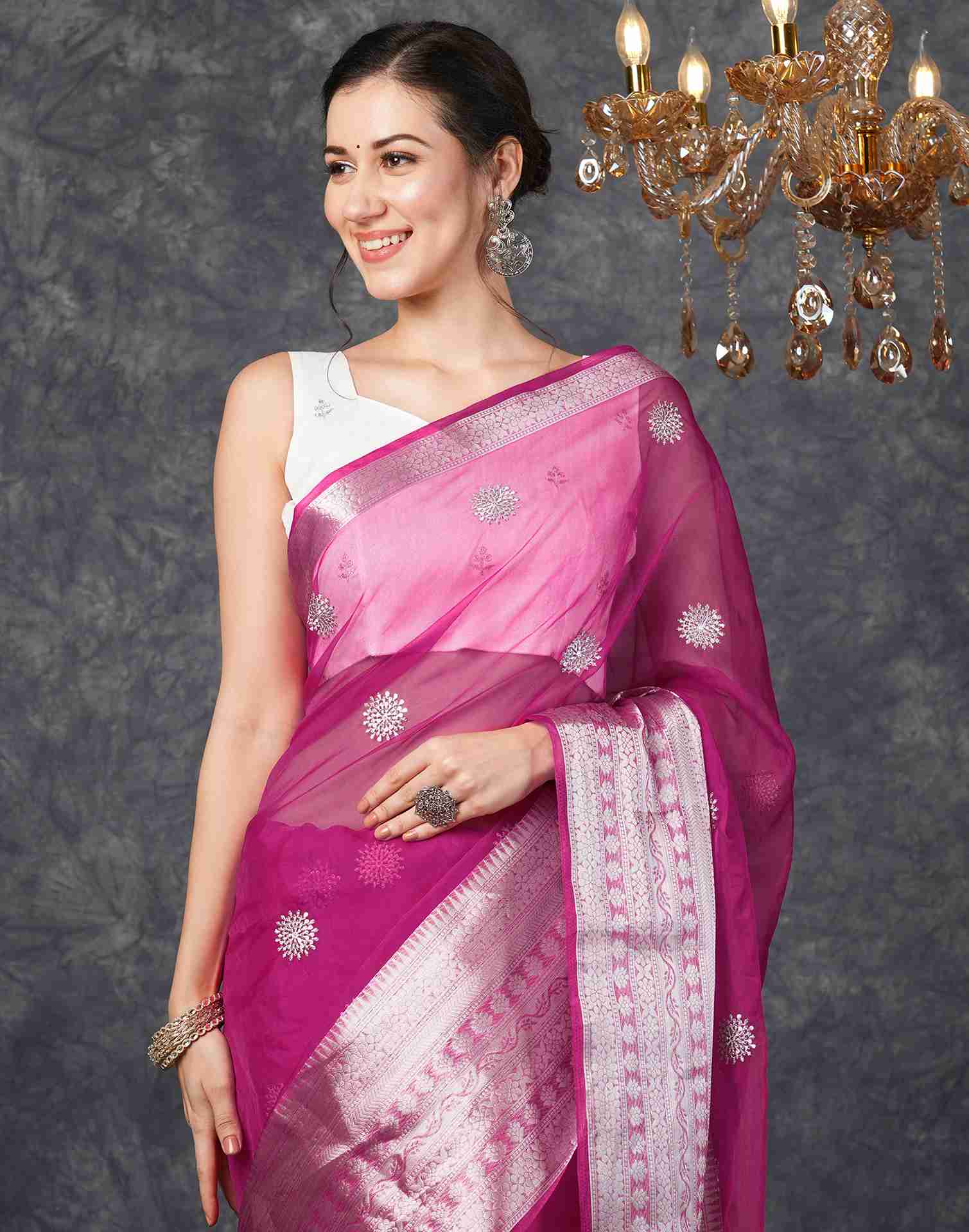 Magenta Organza Plain Woven Saree