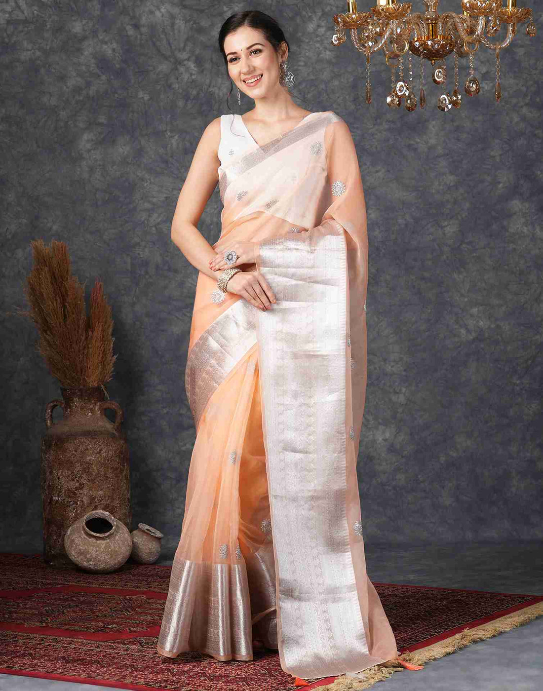 Light Peach Organza Plain Woven Saree