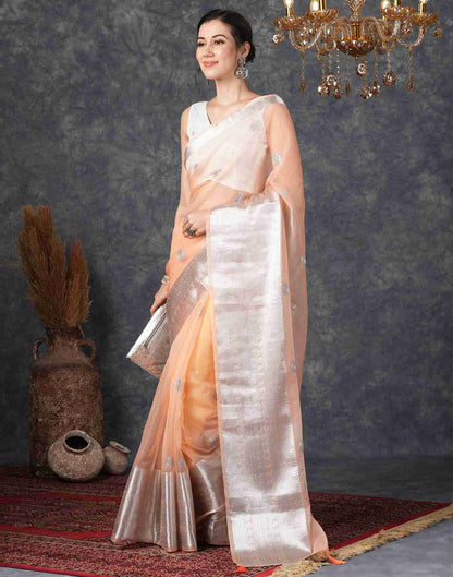 Light Peach Organza Plain Woven Saree