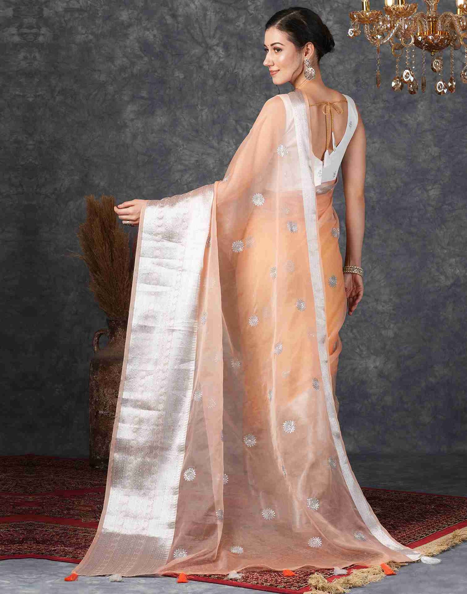 Light Peach Organza Plain Woven Saree