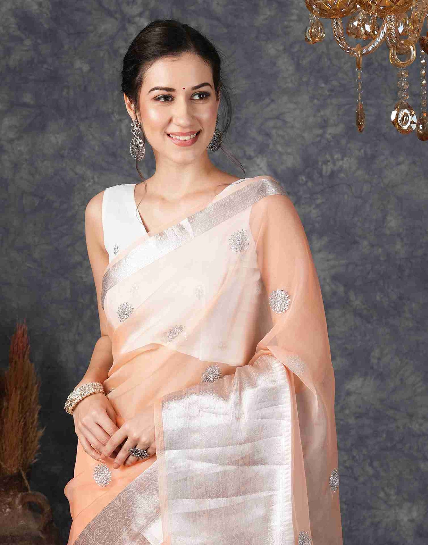 Light Peach Organza Plain Woven Saree