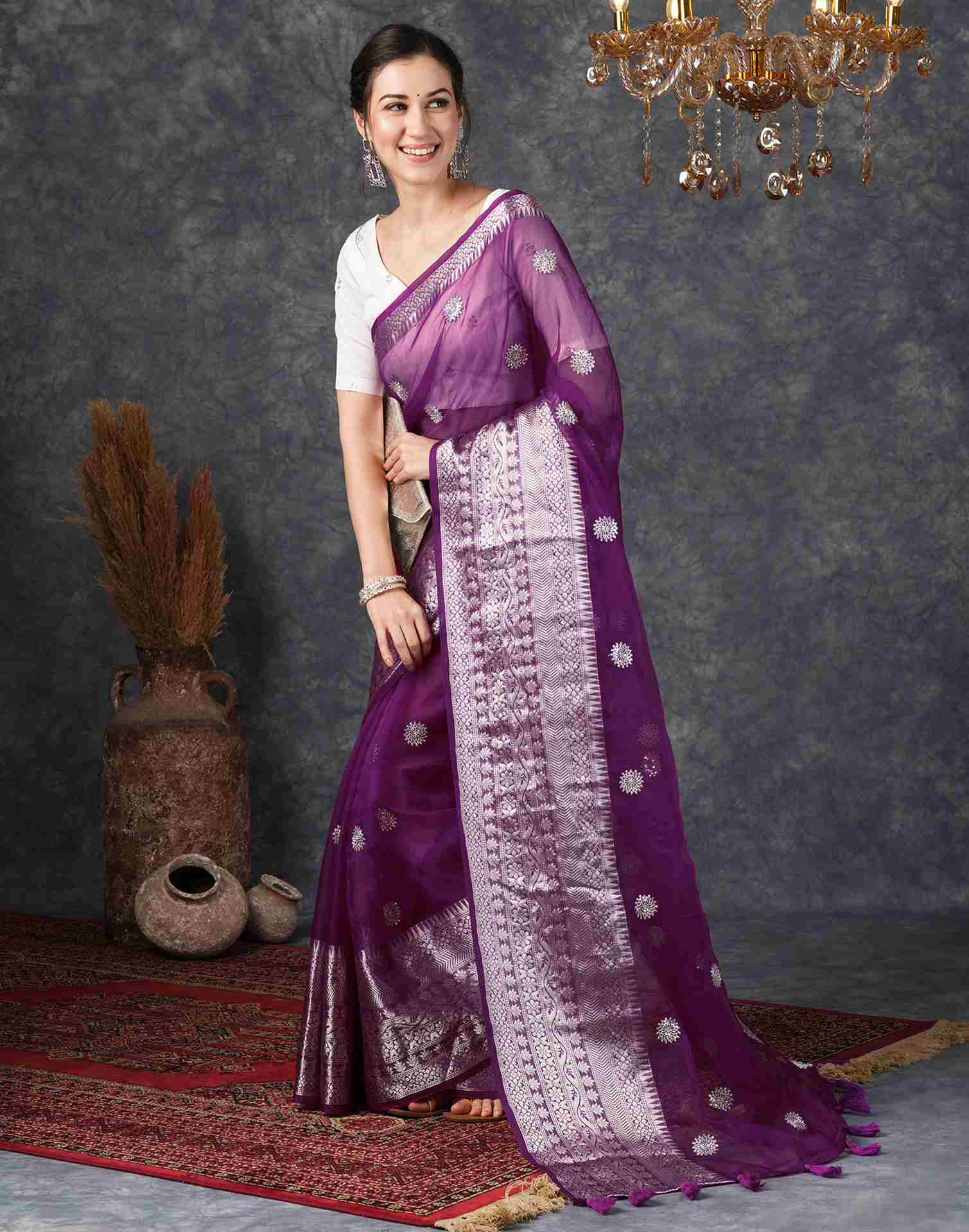 Violet Organza Plain Woven Saree