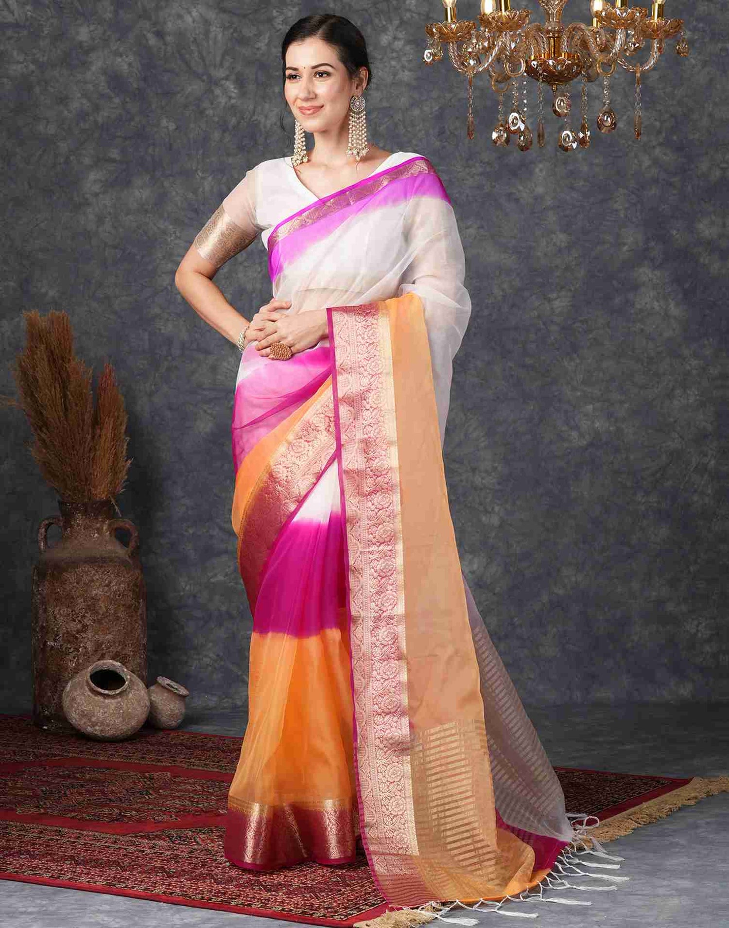 White Organza Plain Woven Saree