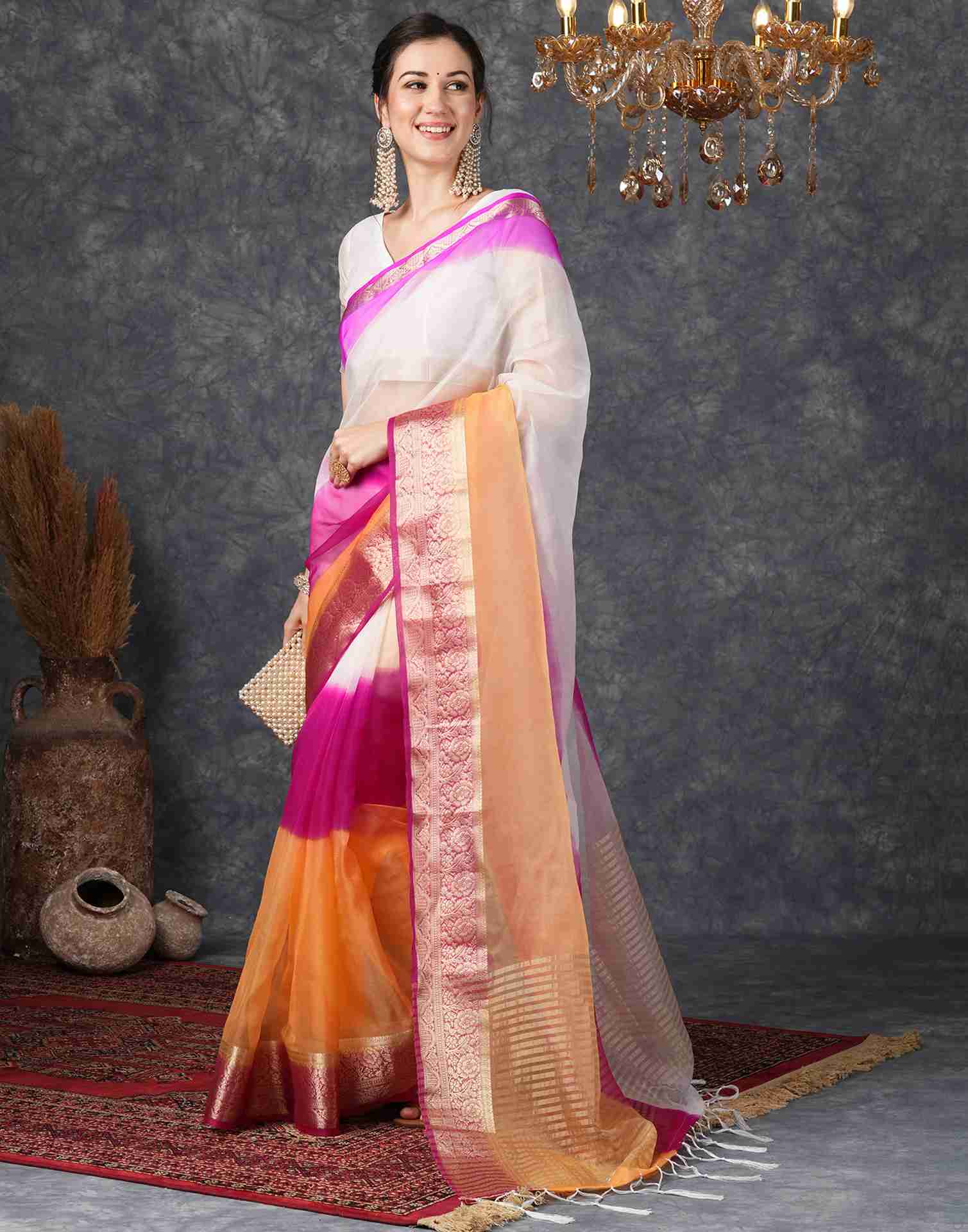 White Organza Plain Woven Saree