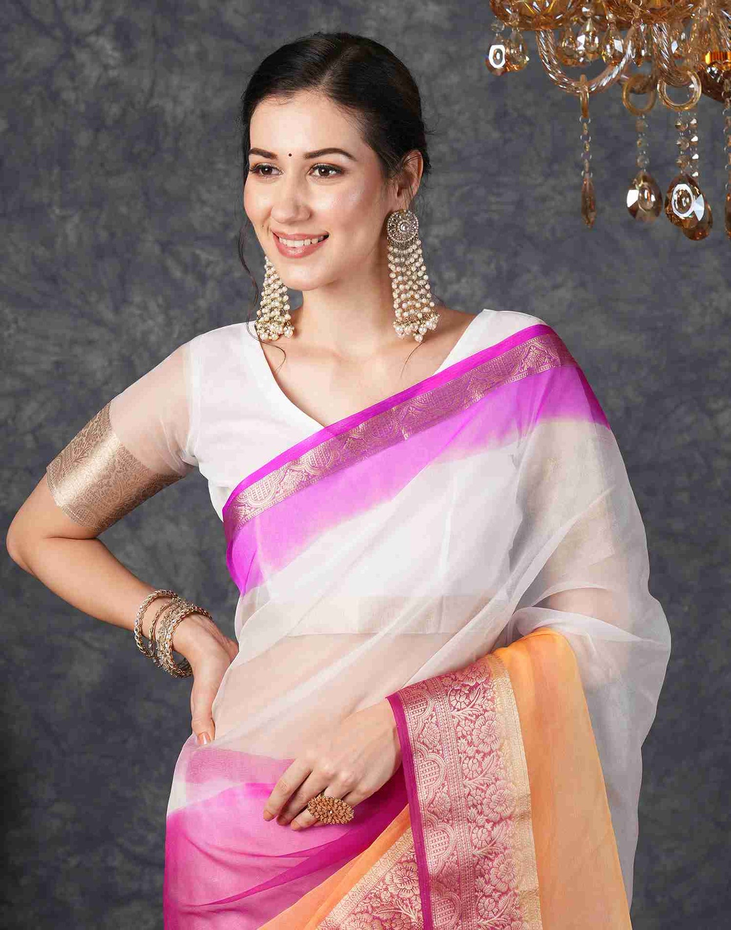 White Organza Plain Woven Saree