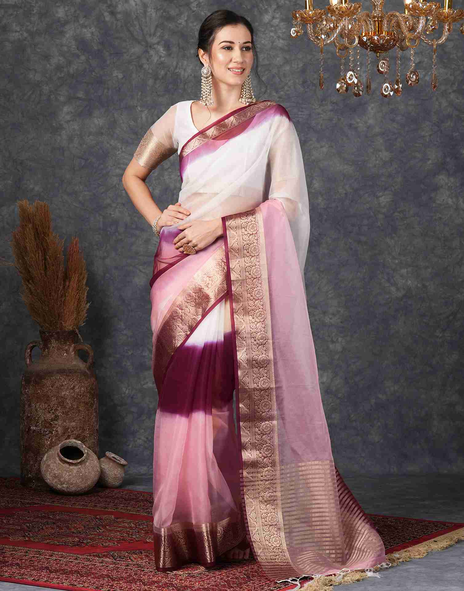 Rose Pink Organza Plain Woven Saree