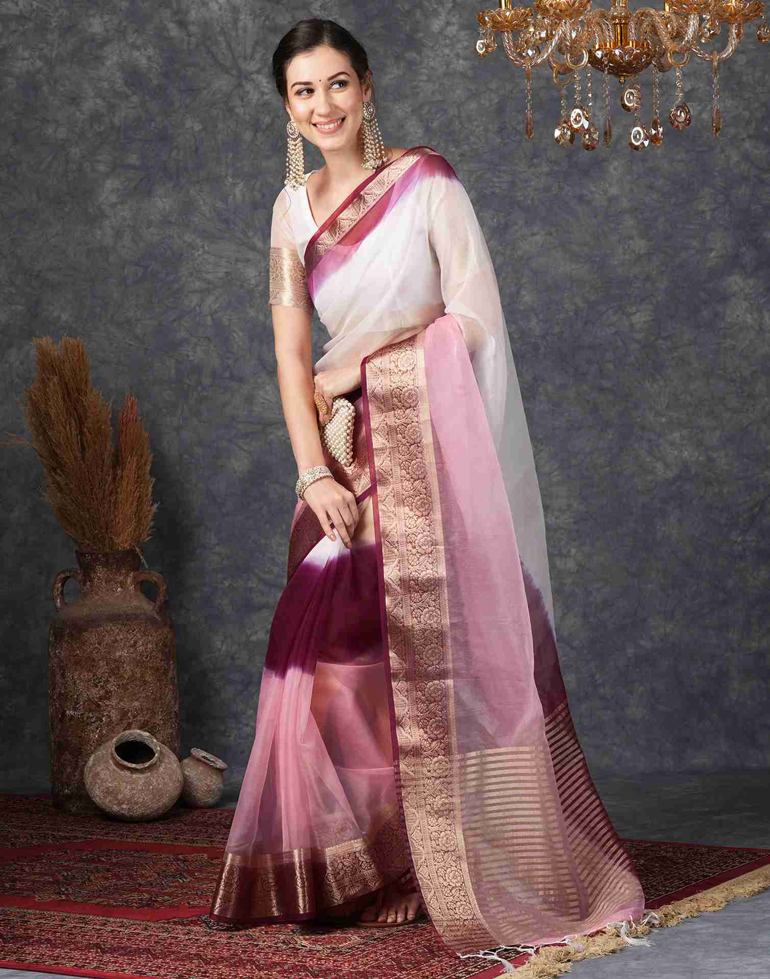 Rose Pink Organza Plain Woven Saree