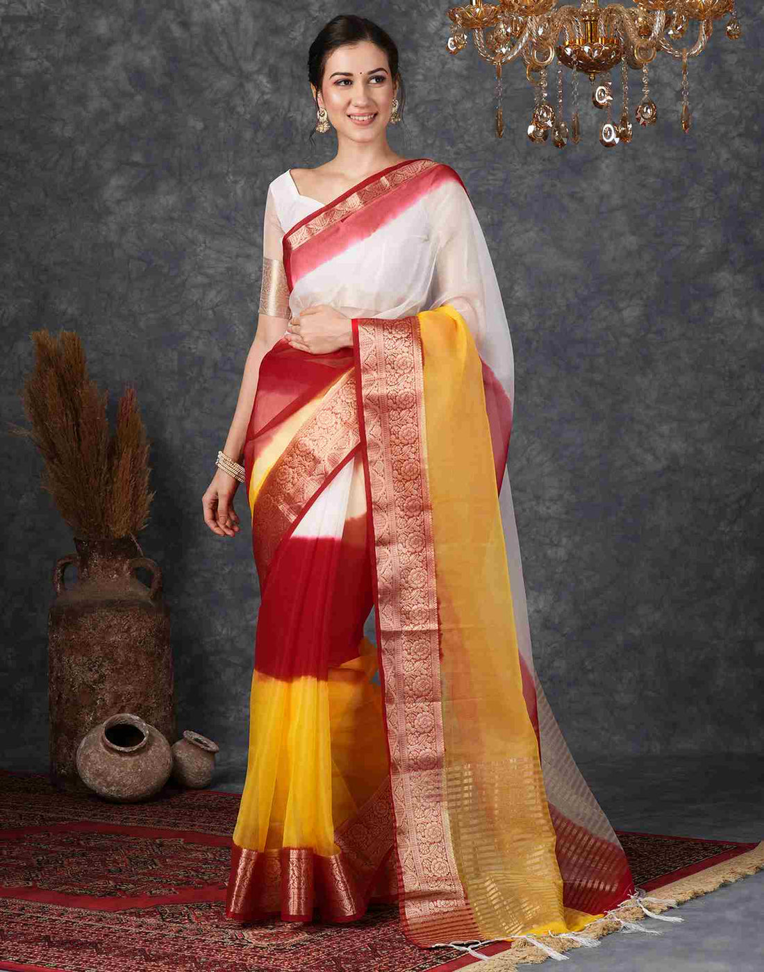 Yellow Organza Plain Woven Saree