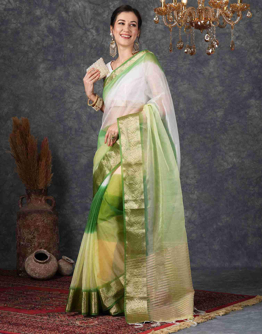 Green Organza Plain Woven Saree