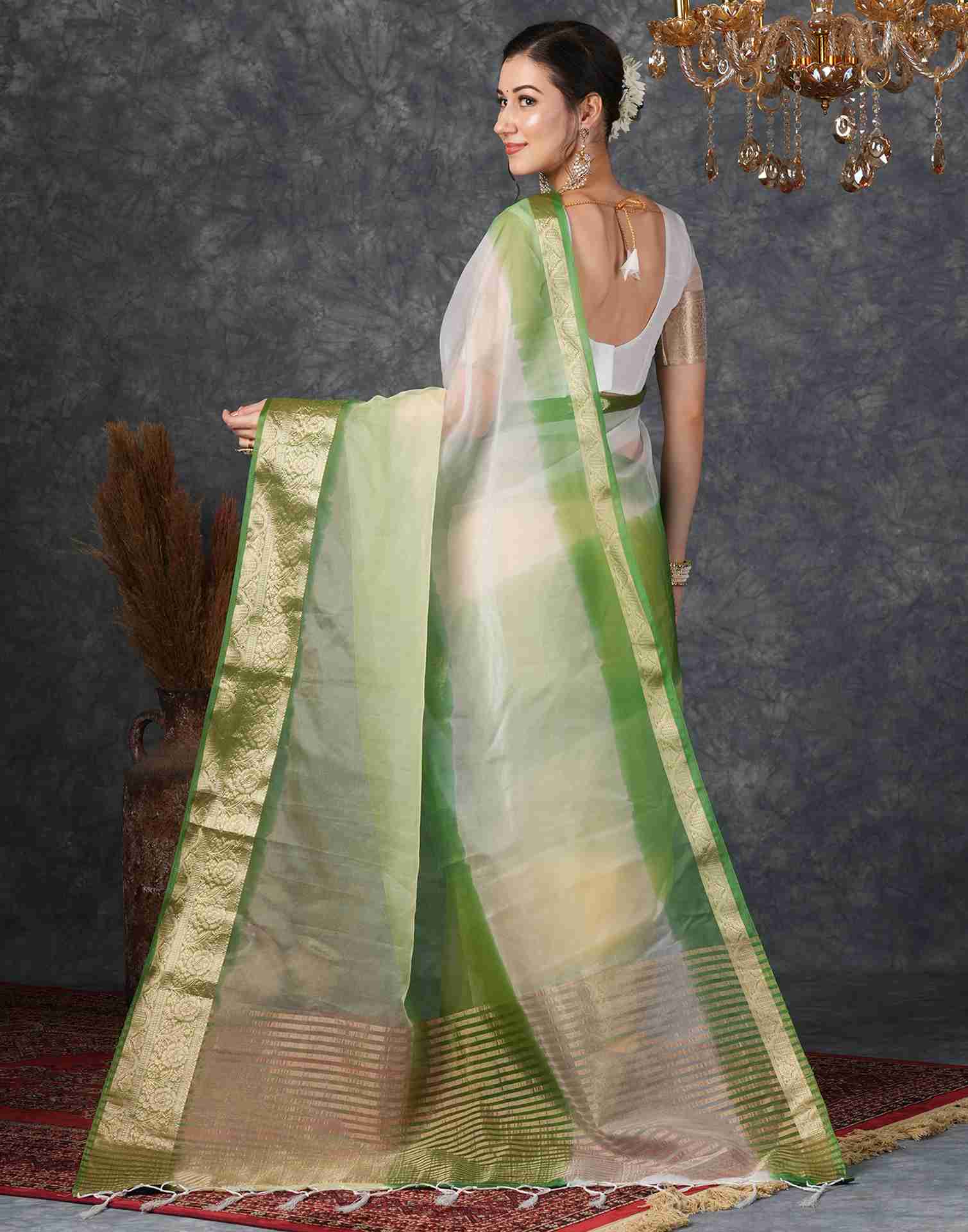 Green Organza Plain Woven Saree