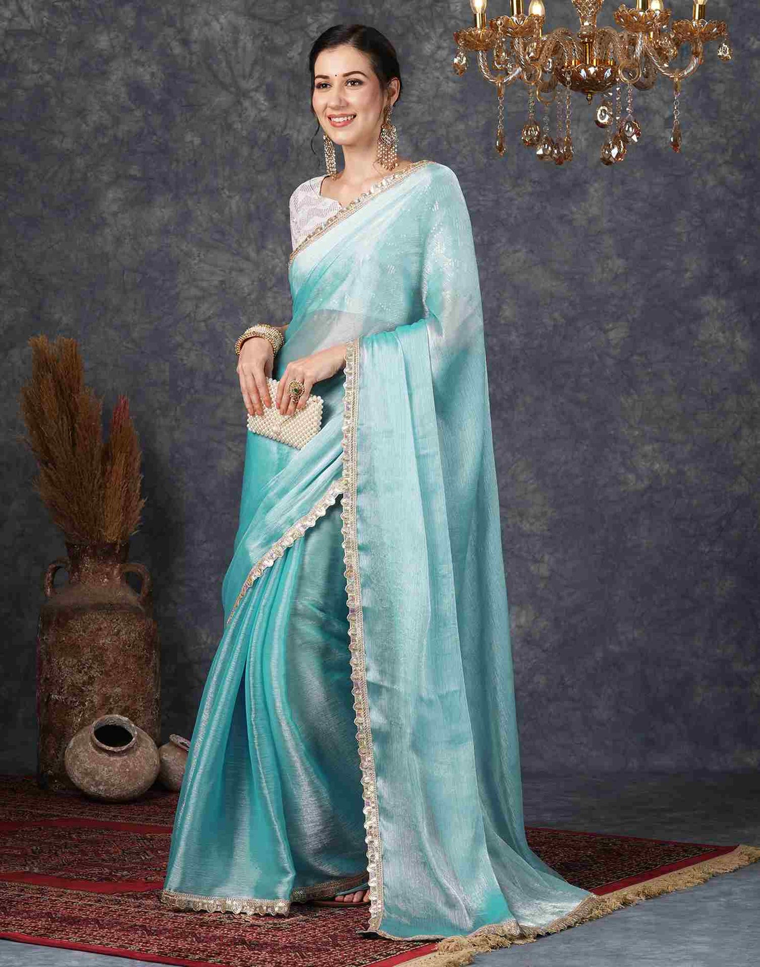 Sky Blue Chiffon Plain Jimmy Choo Saree