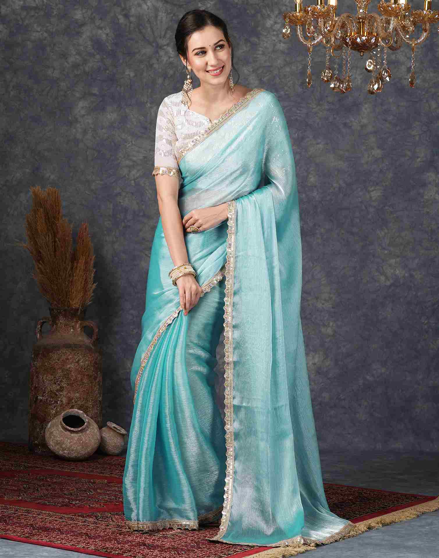 Sky Blue Chiffon Plain Jimmy Choo Saree