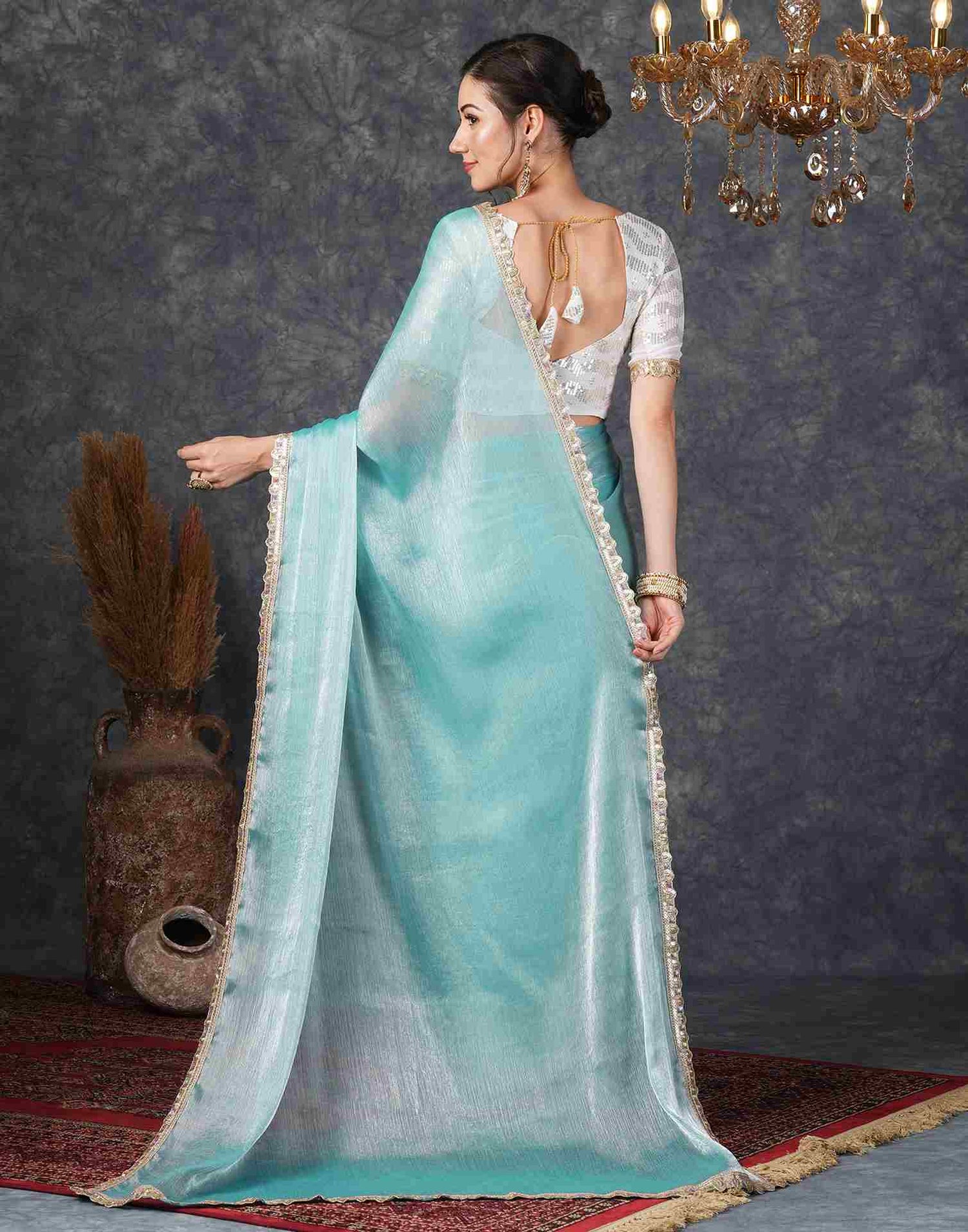 Sky Blue Chiffon Plain Jimmy Choo Saree