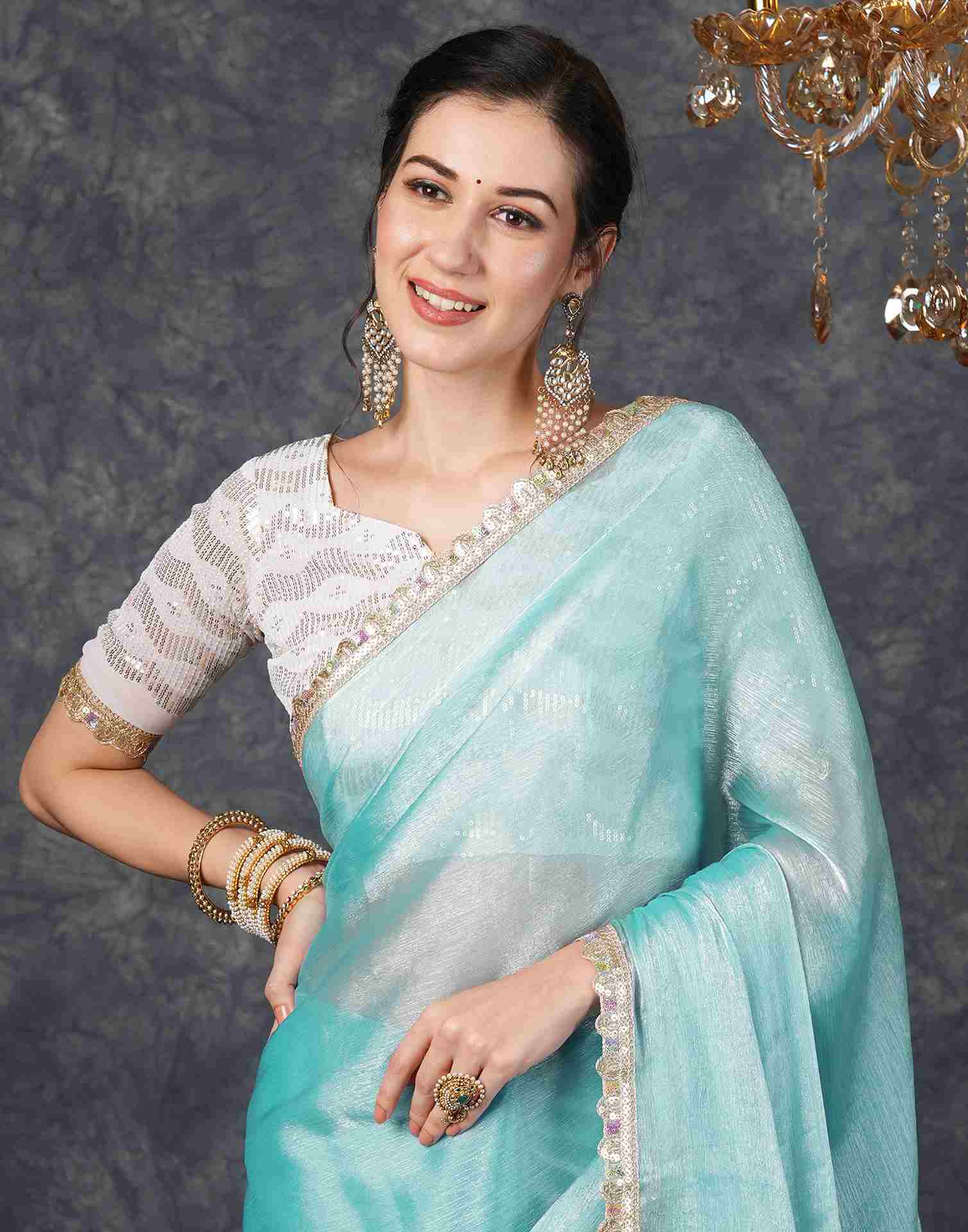 Sky Blue Chiffon Plain Jimmy Choo Saree