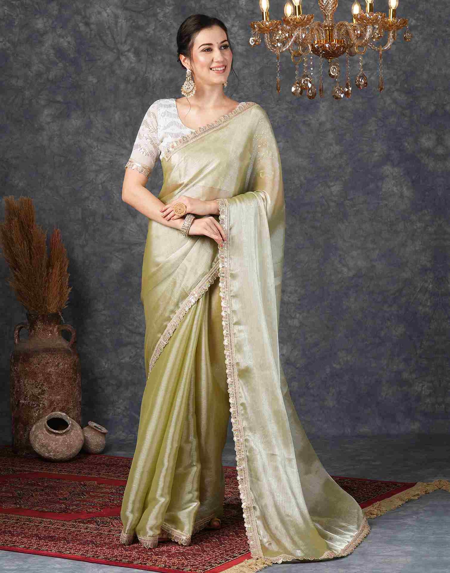 Dusty Olive Green Chiffon Plain Jimmy Choo Saree