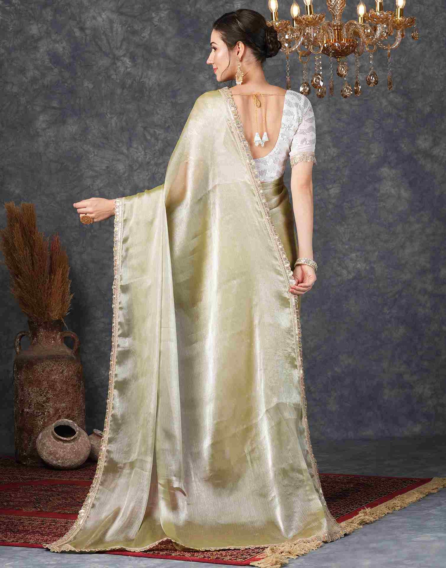 Dusty Olive Green Chiffon Plain Jimmy Choo Saree