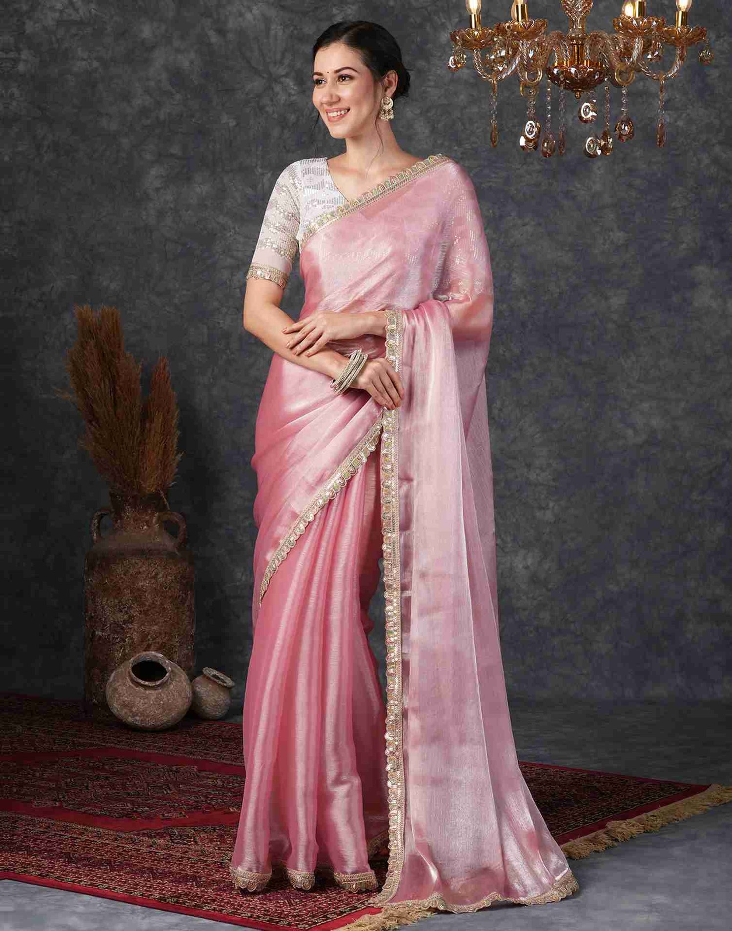 Rose Pink Chiffon Plain Jimmy Choo Saree