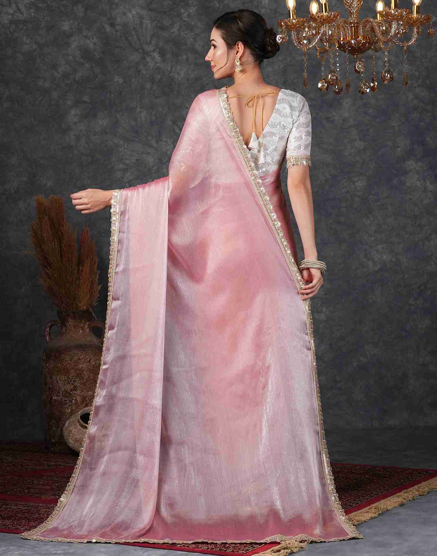 Rose Pink Chiffon Plain Jimmy Choo Saree