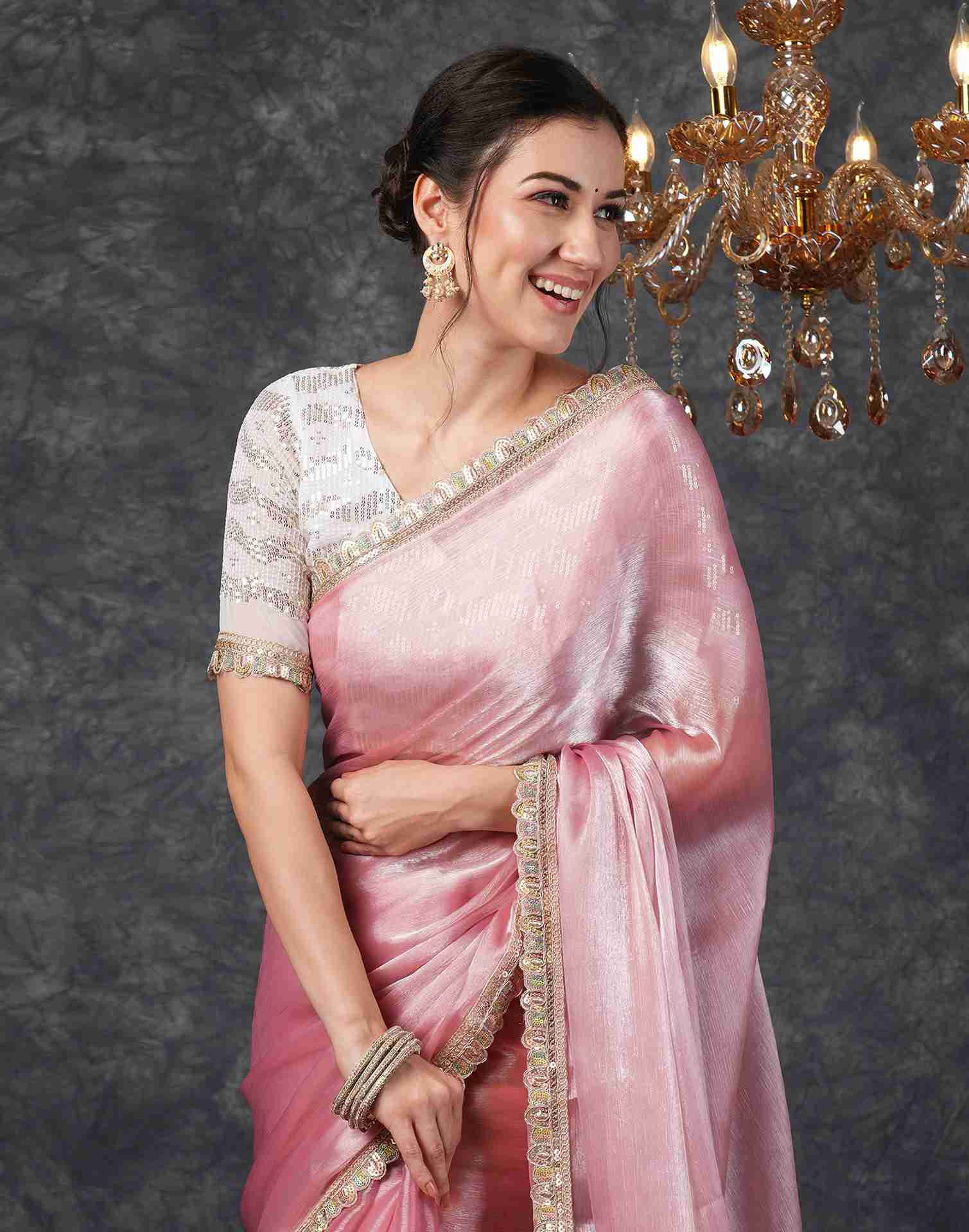 Rose Pink Chiffon Plain Jimmy Choo Saree