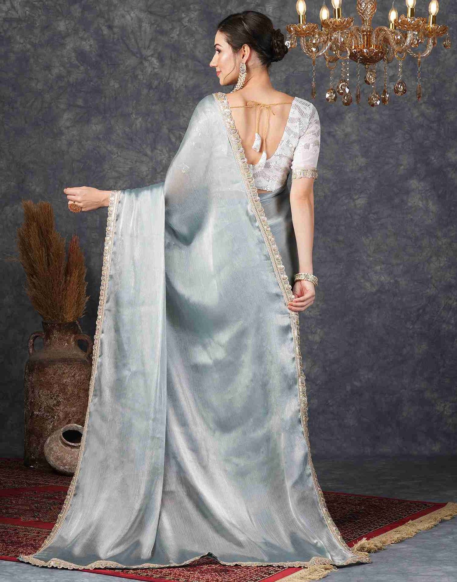 Steel Grey Chiffon Plain Jimmy Choo Saree