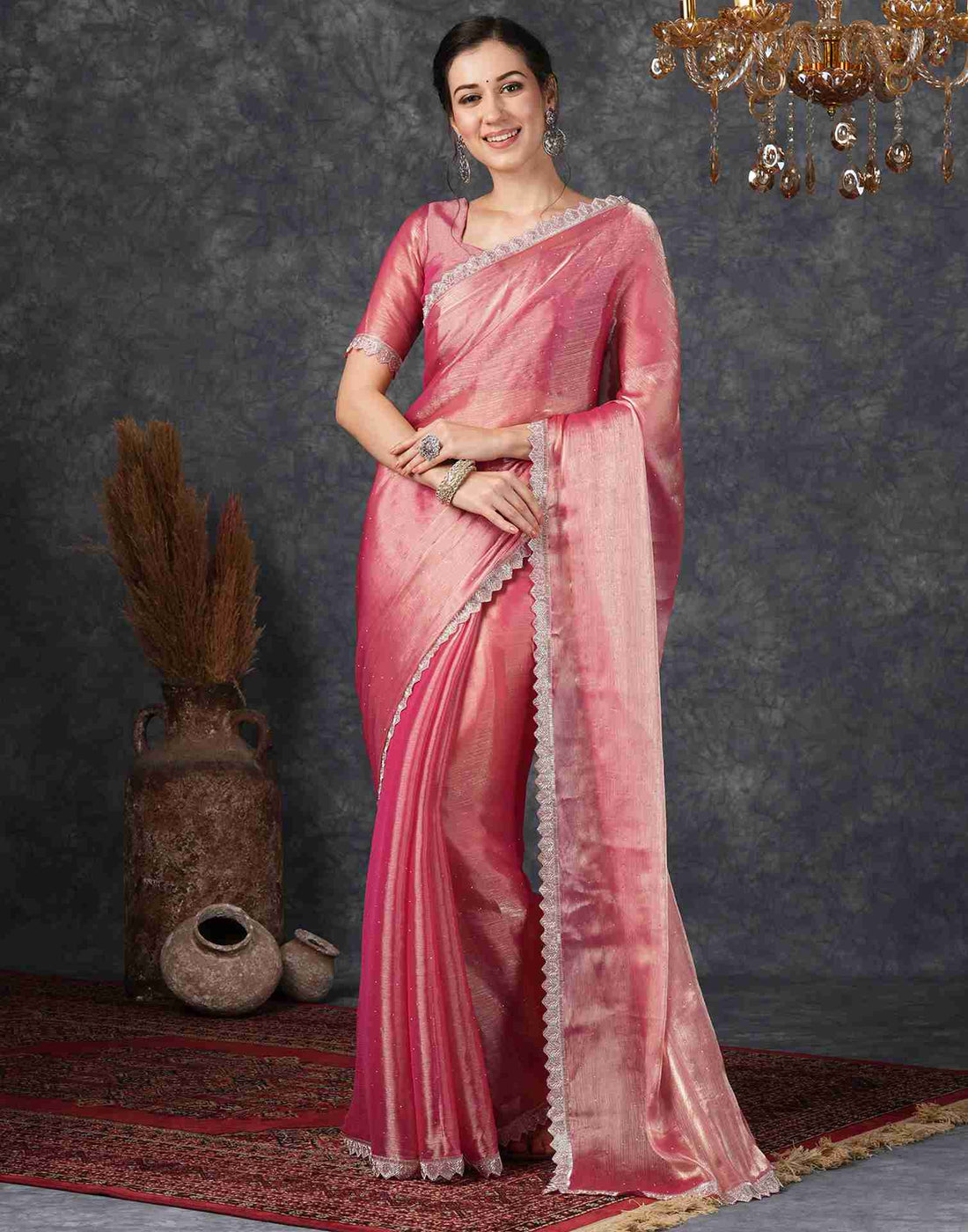 Punch Pink Chiffon Plain Jimmy Choo Saree